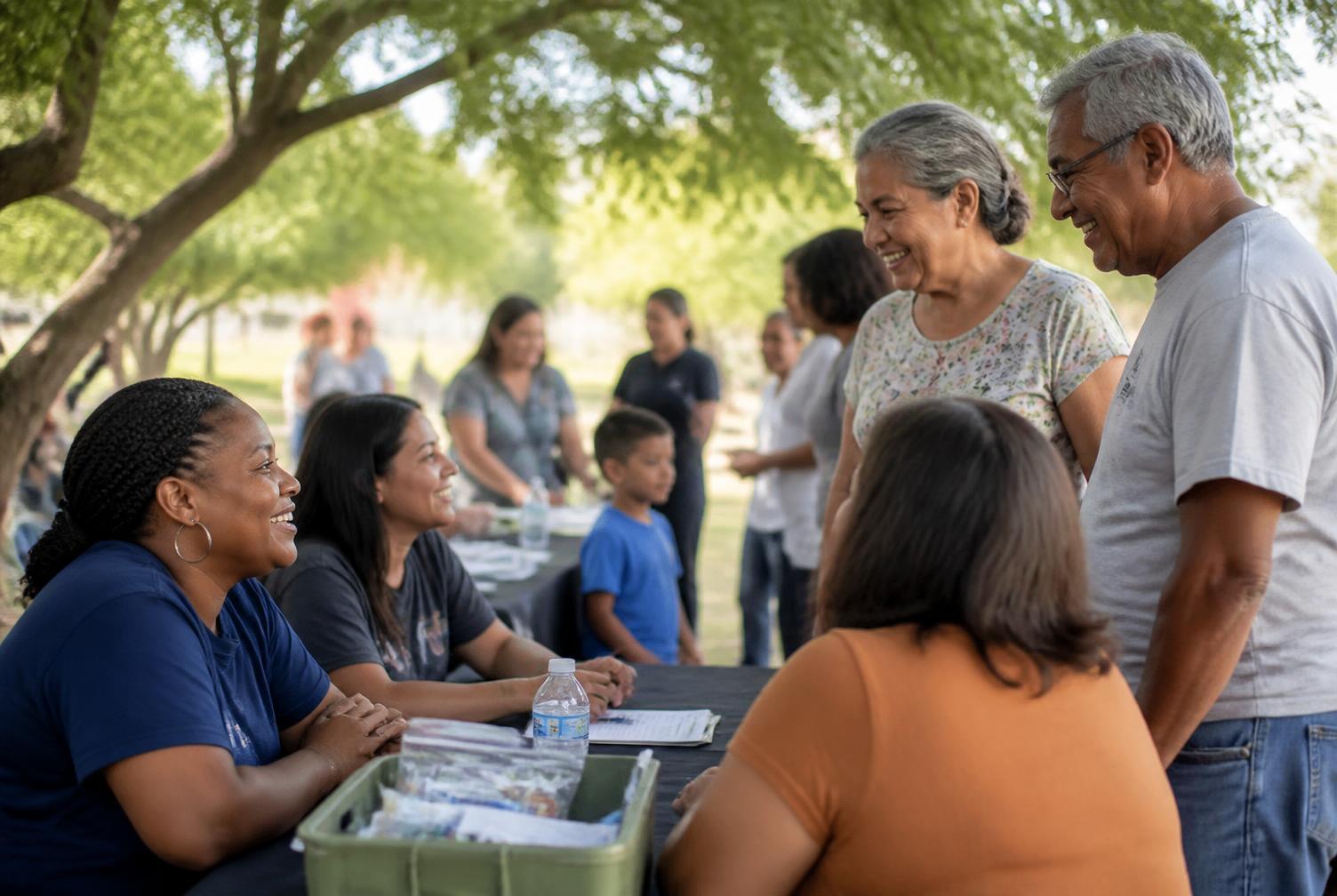 Neighbors and supporters in conversation at a community outreach table